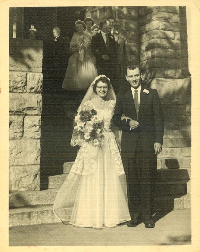 A wedding shot of Jewel Reid and her late husband John on the front steps of Third Avenue United Church, where they married in 1954. (Jewel Reid)