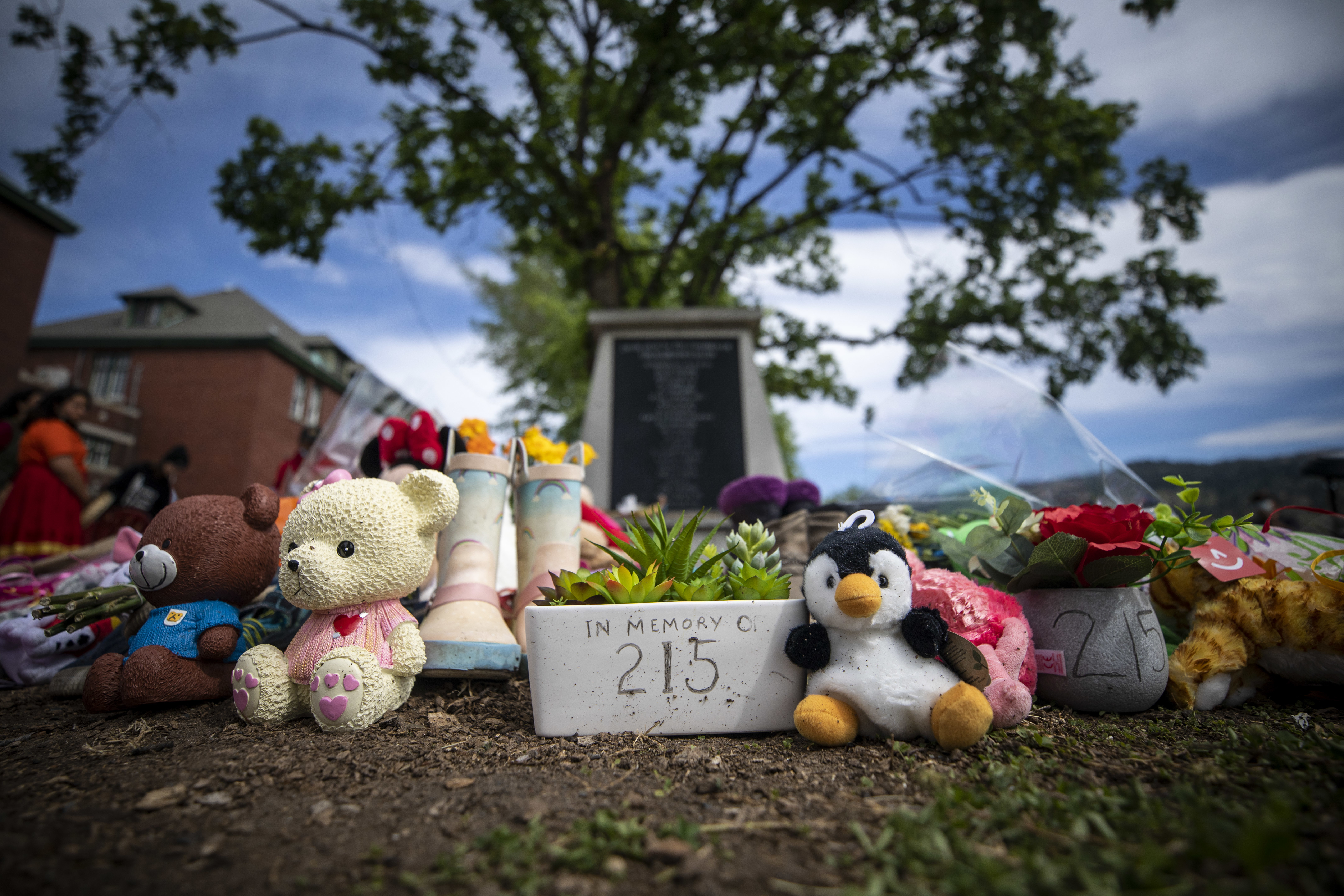 A growing memorial outside the former Kamloops Indian Residential School.