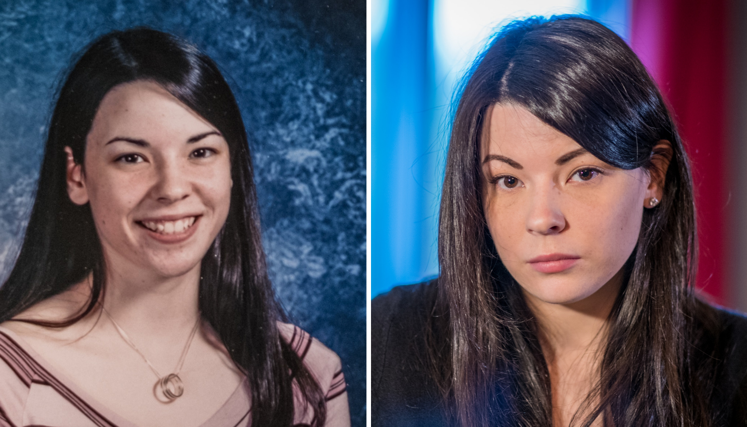 From left, Laurie Howat's yearbook photo from the early 2000s, and Howat in 2018. (Michel Aspirot/CBC)