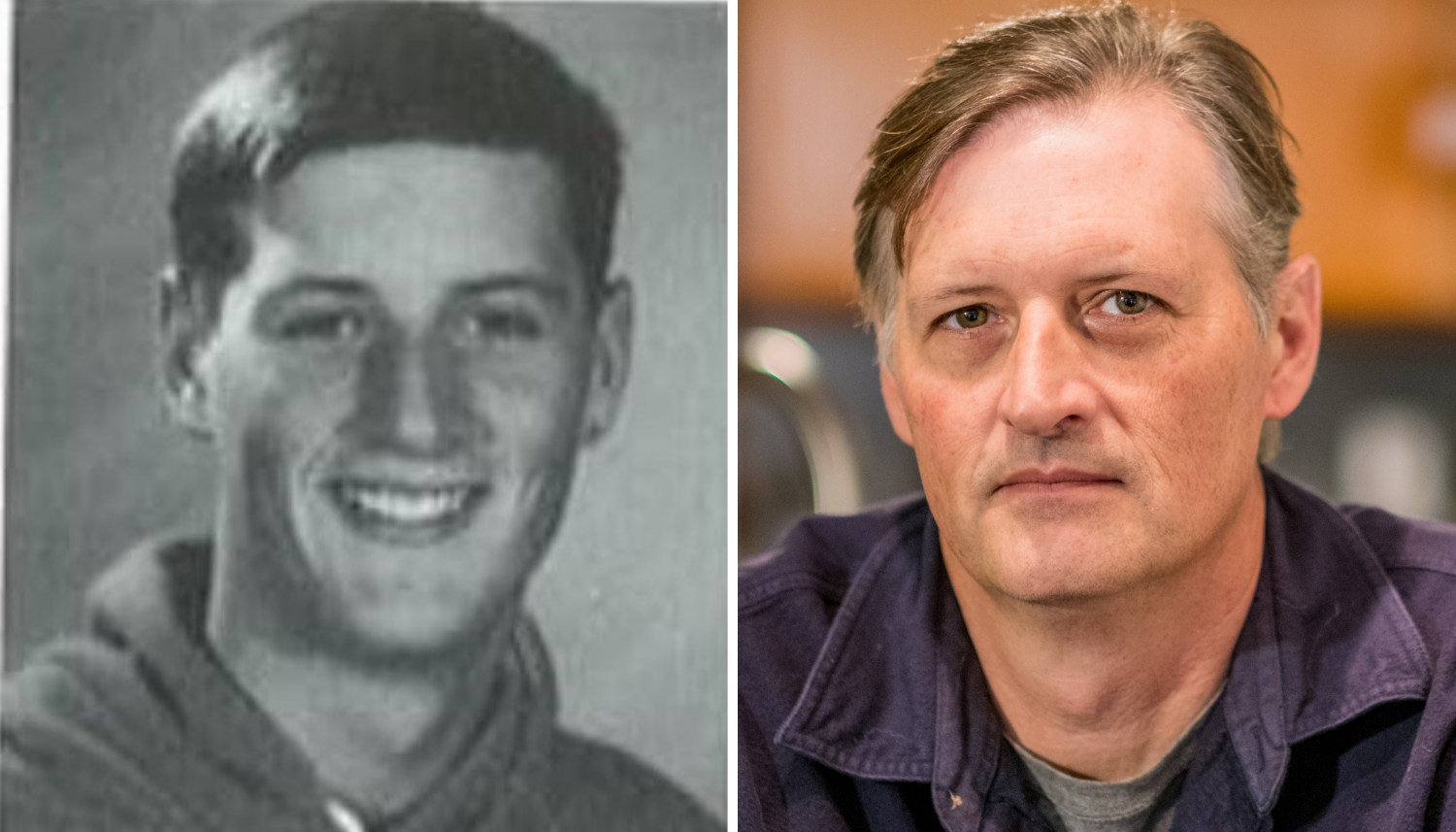 From left, Marc Leach's yearbook photo from 1992, and Leach in 2018. (Michel Aspirot/CBC)