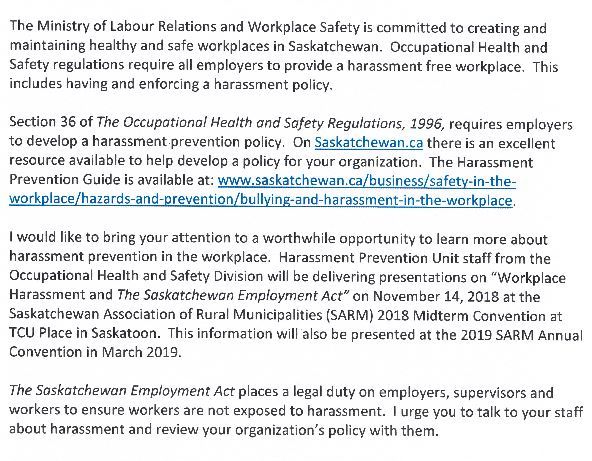 A letter signed by acting deputy workplace safety minister Peter Suderman to all Saskatchewan rural municipalities on Nov. 8. 