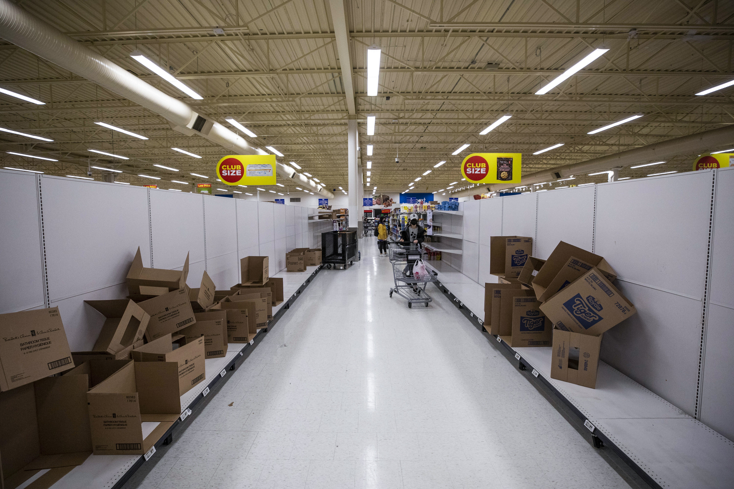 Empty shelves of toilet paper at a Superstore in Richmond, B.C. on March 17, 2020, the day the province declared a public health emergency. (Ben Nelms/CBC Vancouver)