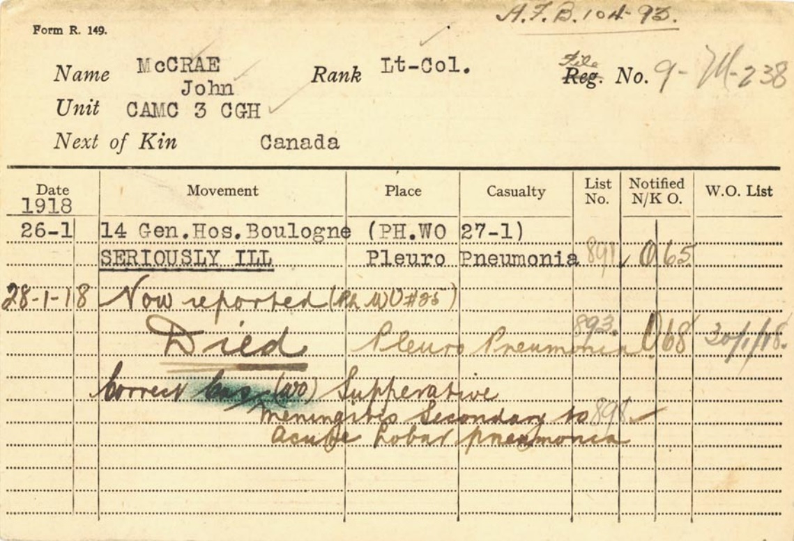 A card reporting McCrae's death was placed in his military file. (Library and Archives Canada)