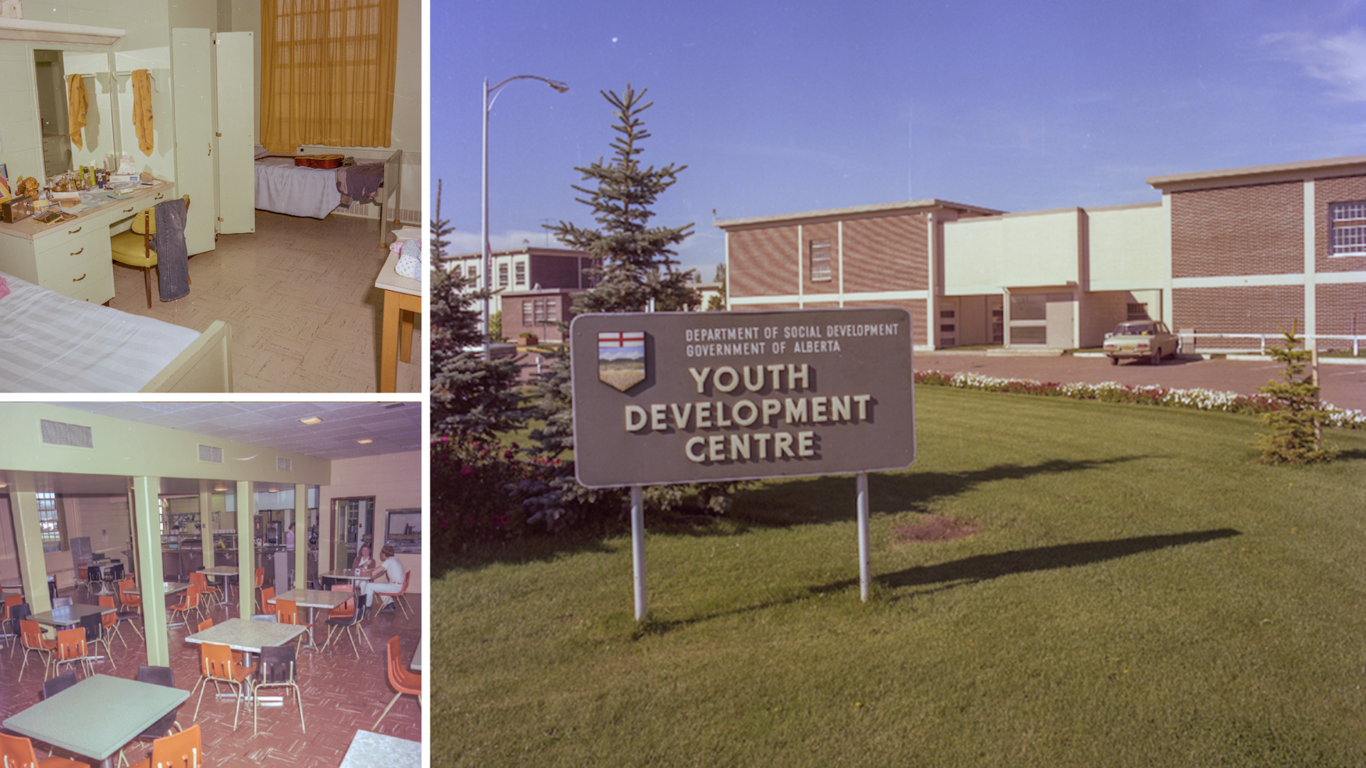 Clockwise from top left, a view inside one of the rooms at the at Edmonton Youth Development Centre, one of the common areas of the faclity and the front entrance to the facility. All photos were taken in 1975. (Provincial Archives of Alberta, ID: GR1989.0516/2164 #1)