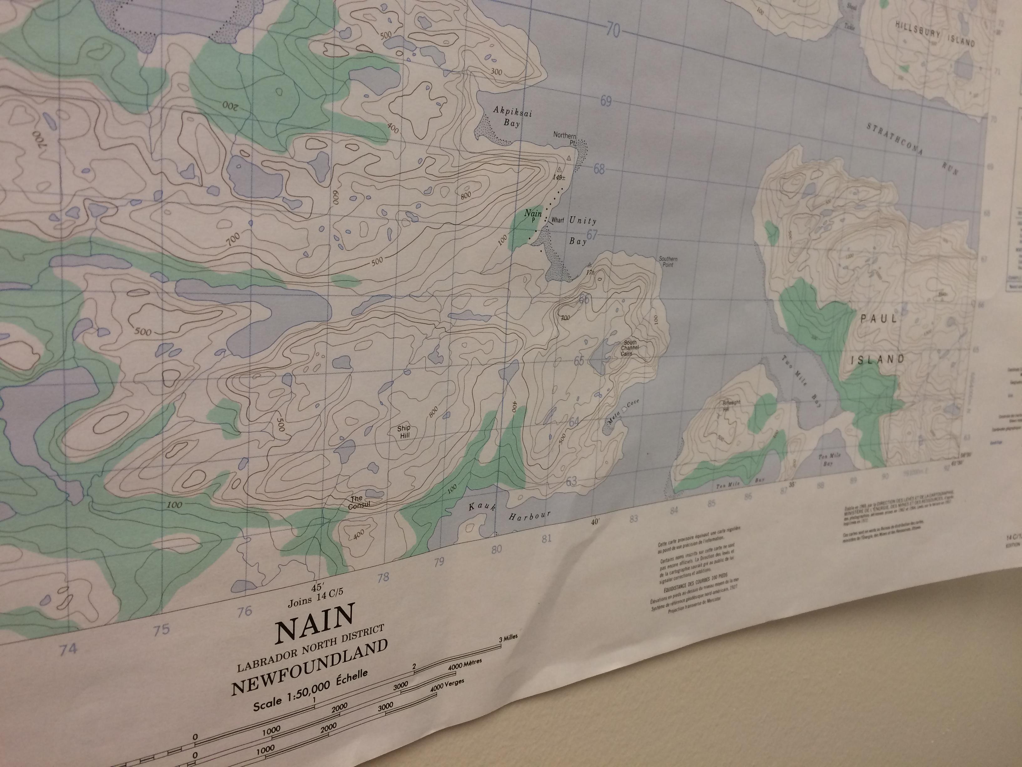 A map of Nain on a wall in the airline's office. (Jen White/CBC)