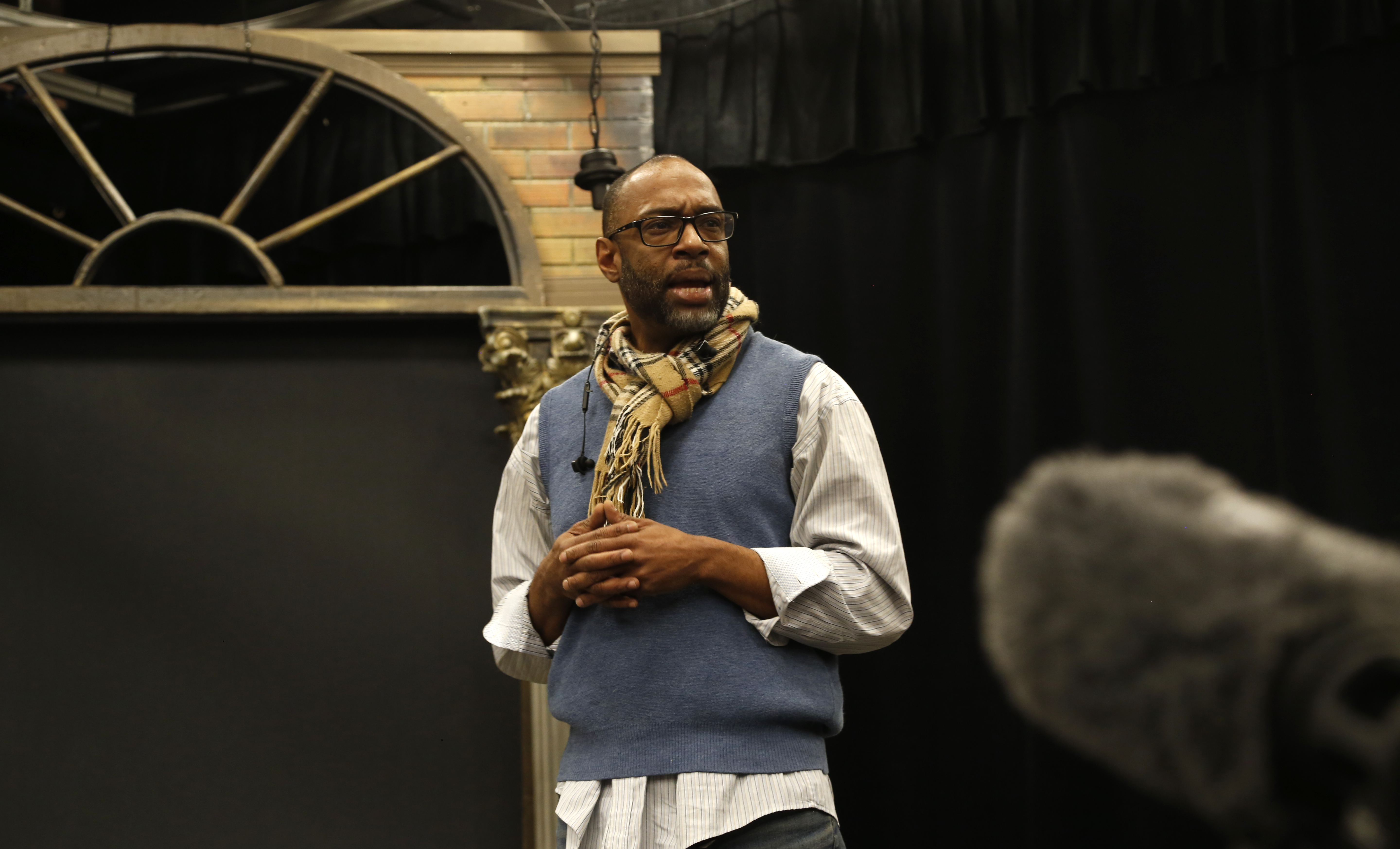 Neil Clements delivers his dialogue to Clyde Wray during a rehearsal. Like the other players in We Were Here, Clements is not a trained actor. (Maria Jose Burgos/CBC)