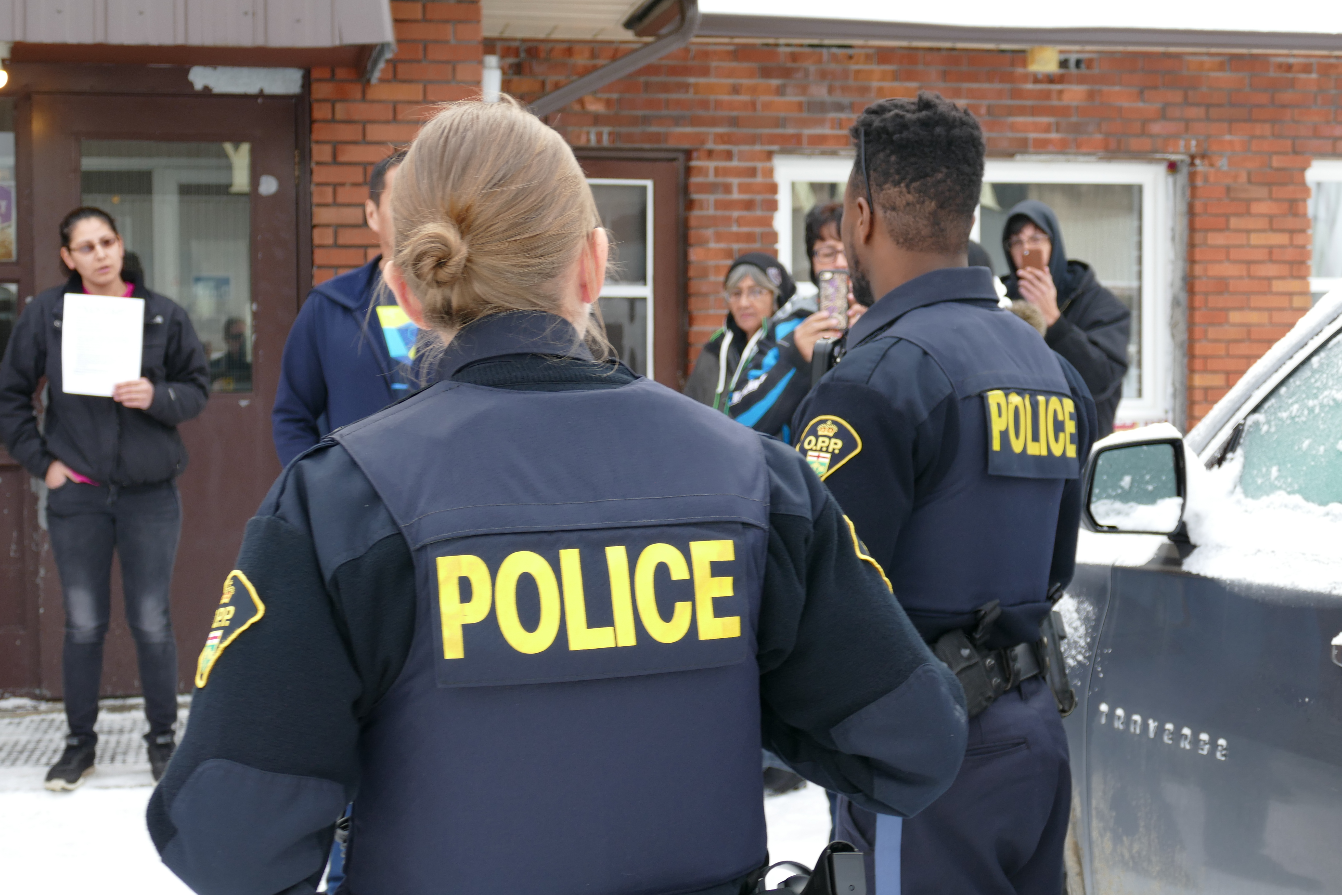 The Ontario Provincial Police showed up at the meeting. (Jorge Barrera/CBC)