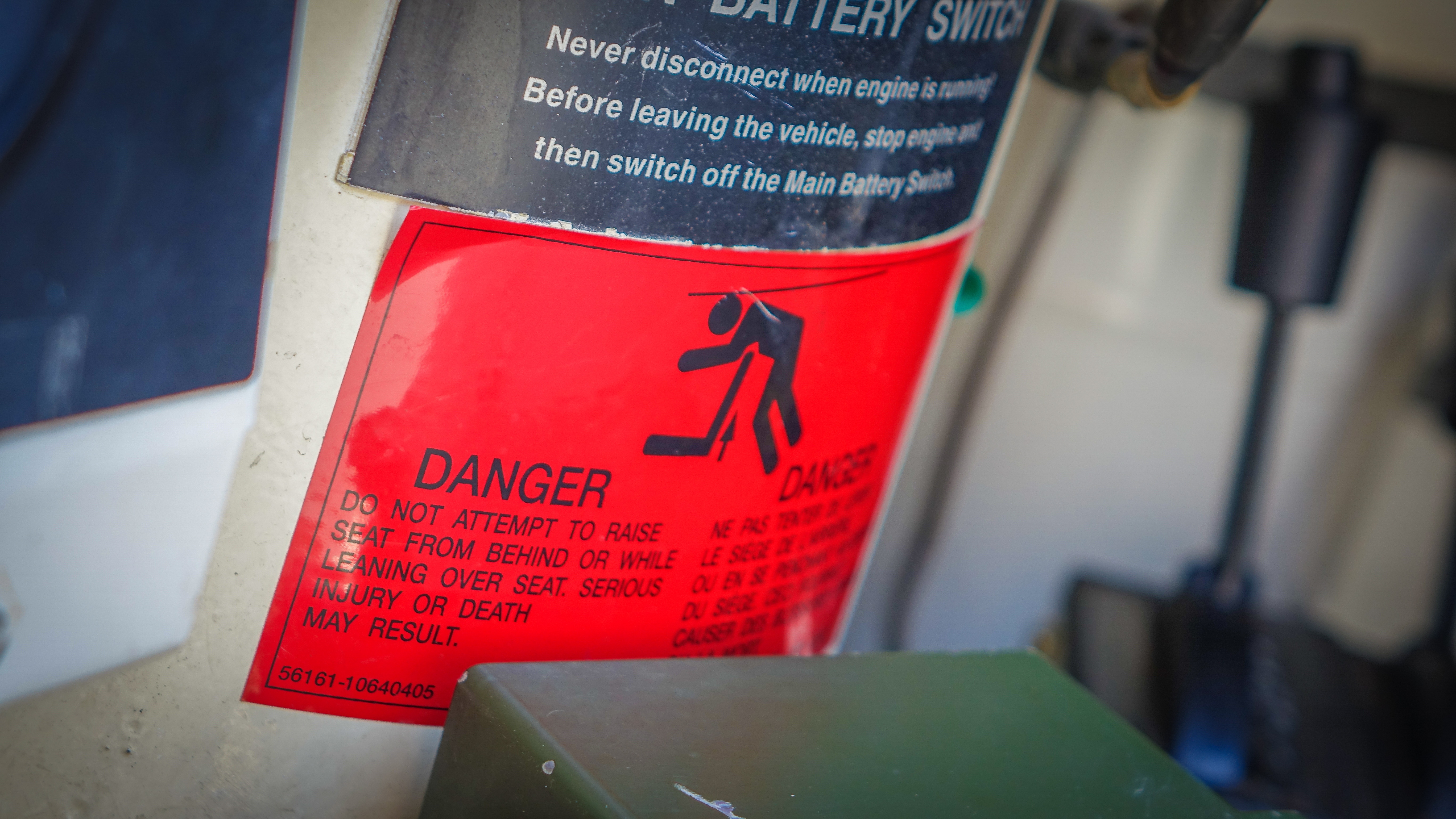 This warning sticker was not visible in the Coyote when Sinclair died. It was covered by a seat cushion, according to a board of inquiry report.