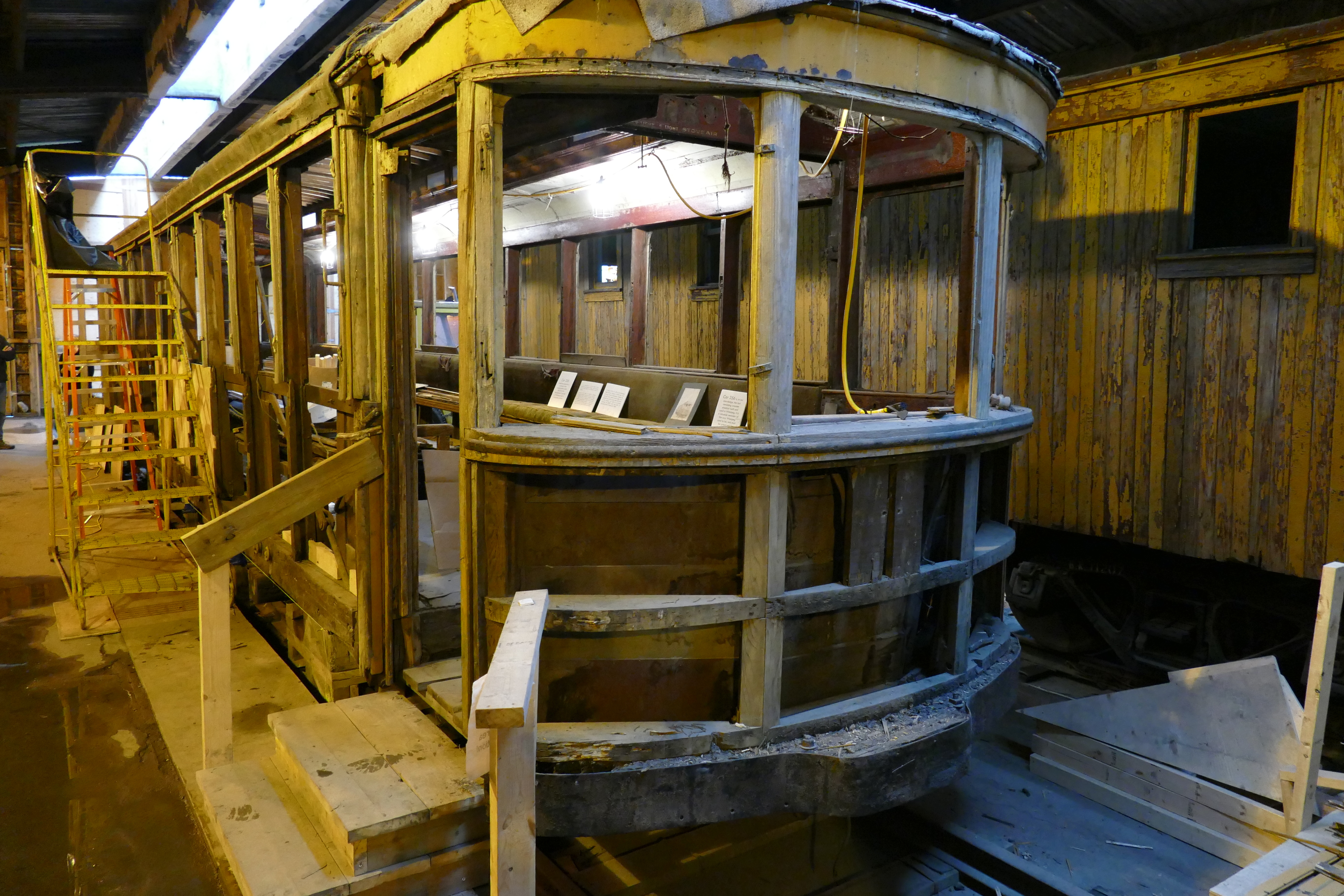 The stripped-down frame of Streetcar 356 sits in a back room of the Winnipeg Railway Museum in Union Station on Main Street. (Jeff Stapleton/CBC)