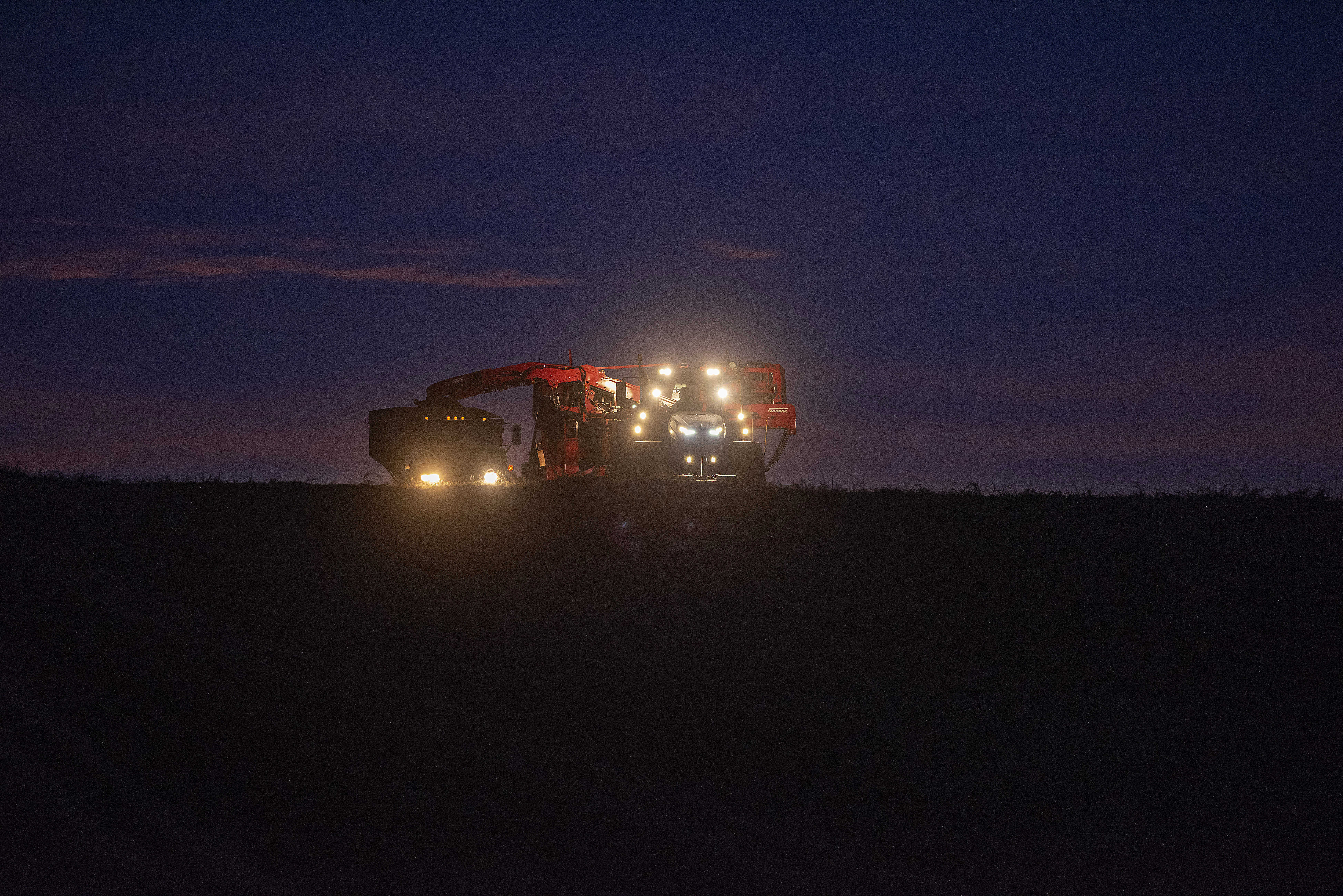 Like something out of a science fiction movie, a huge harvester and with all lights blazing lumbers up the field at Skye View Farms. (Brian McInnis/CBC)