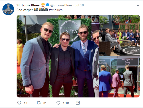 Colton Parayko, on the left, wore this custom velvet sport coat to the ESPY Awards. (Twitter)