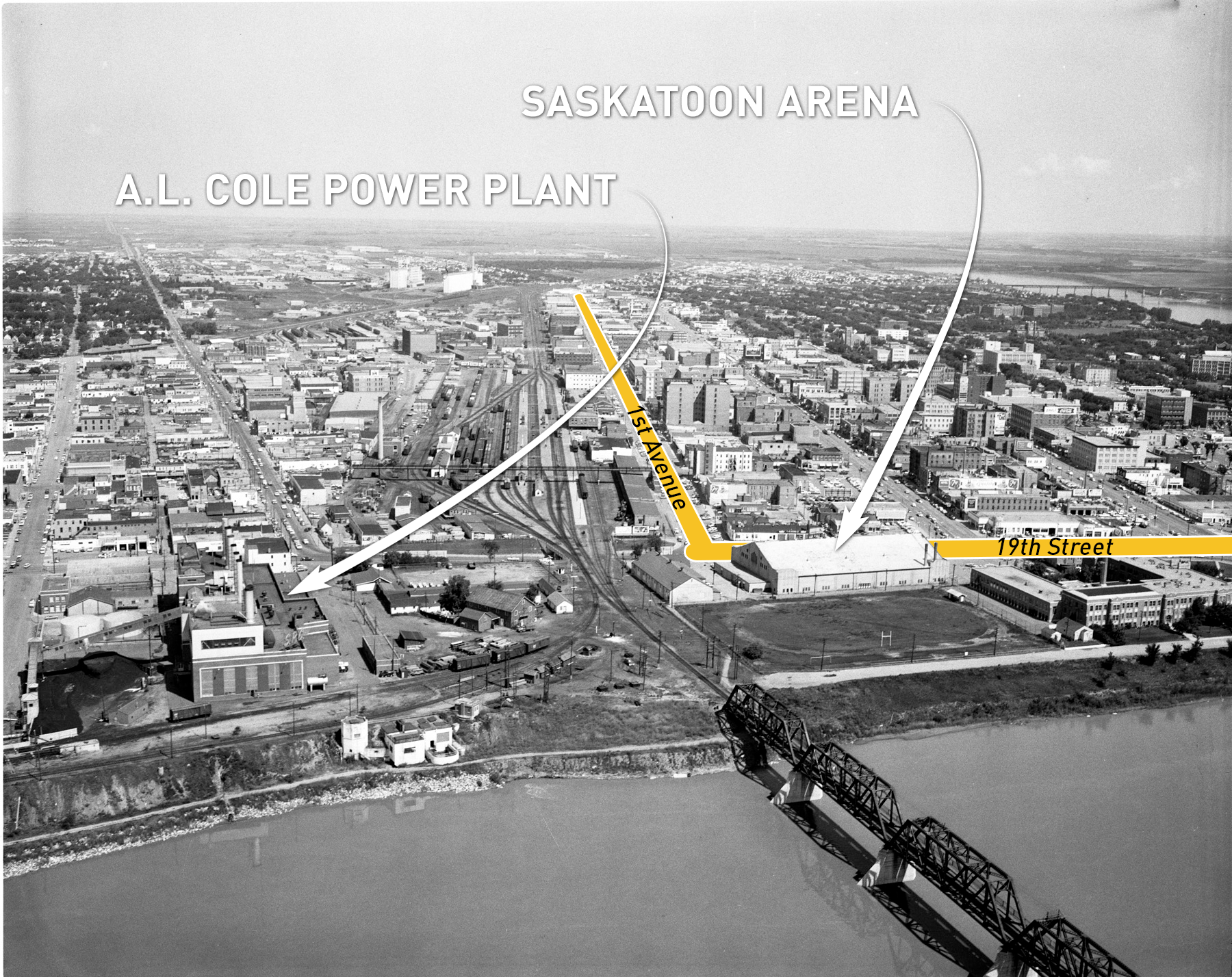 An aerial shot showing the location of the A.L. Cole power plant (River Landing today) and its proximity to the old Saskatoon Arena. (Saskatoon Public Library Local History Room - Photo CP-62-2) 