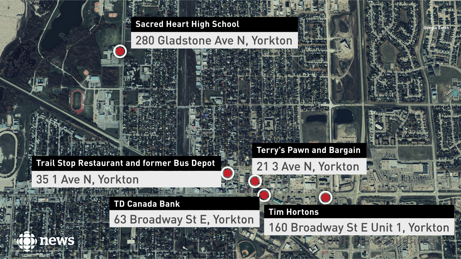 A map of the Yorkton area where Mekayla Bali was seen walking on April 12. Map: CBC News Graphics