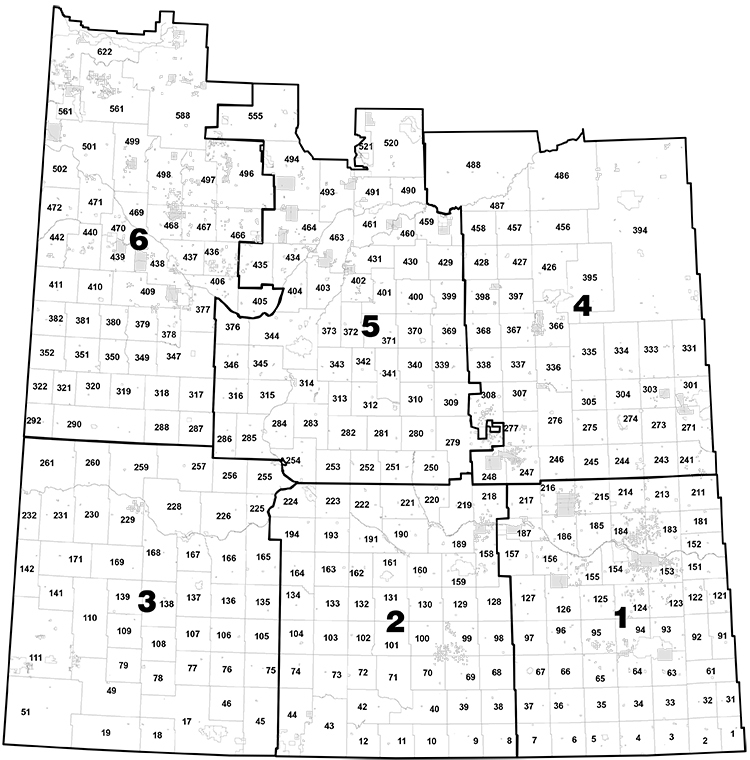 A map of the hundreds of rural municipalities in Saskatchewan.