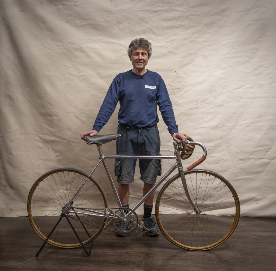 Dating to 1933, this racetrack bike was built for velodromes. Vandelinden acquired it from the grand-niece of the owner. It came with the original hair net-style helmet. (Greg Huszar)