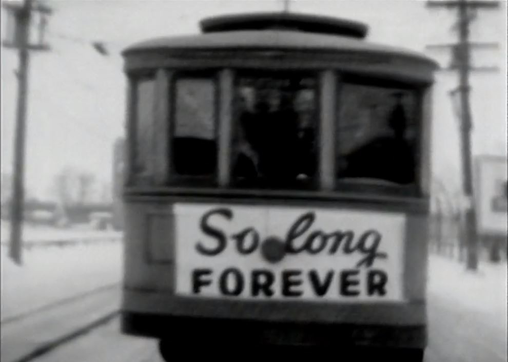 One of Winnipeg's streetcars bears a farewell banner before being retired in 1955. (CBC Digital Archives)