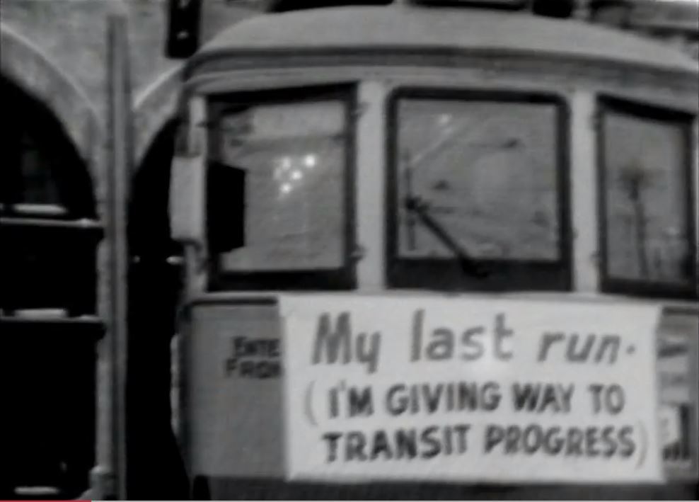 Another goodbye banner hangs on the front of doomed streetcar. (CBC Digital Archives)