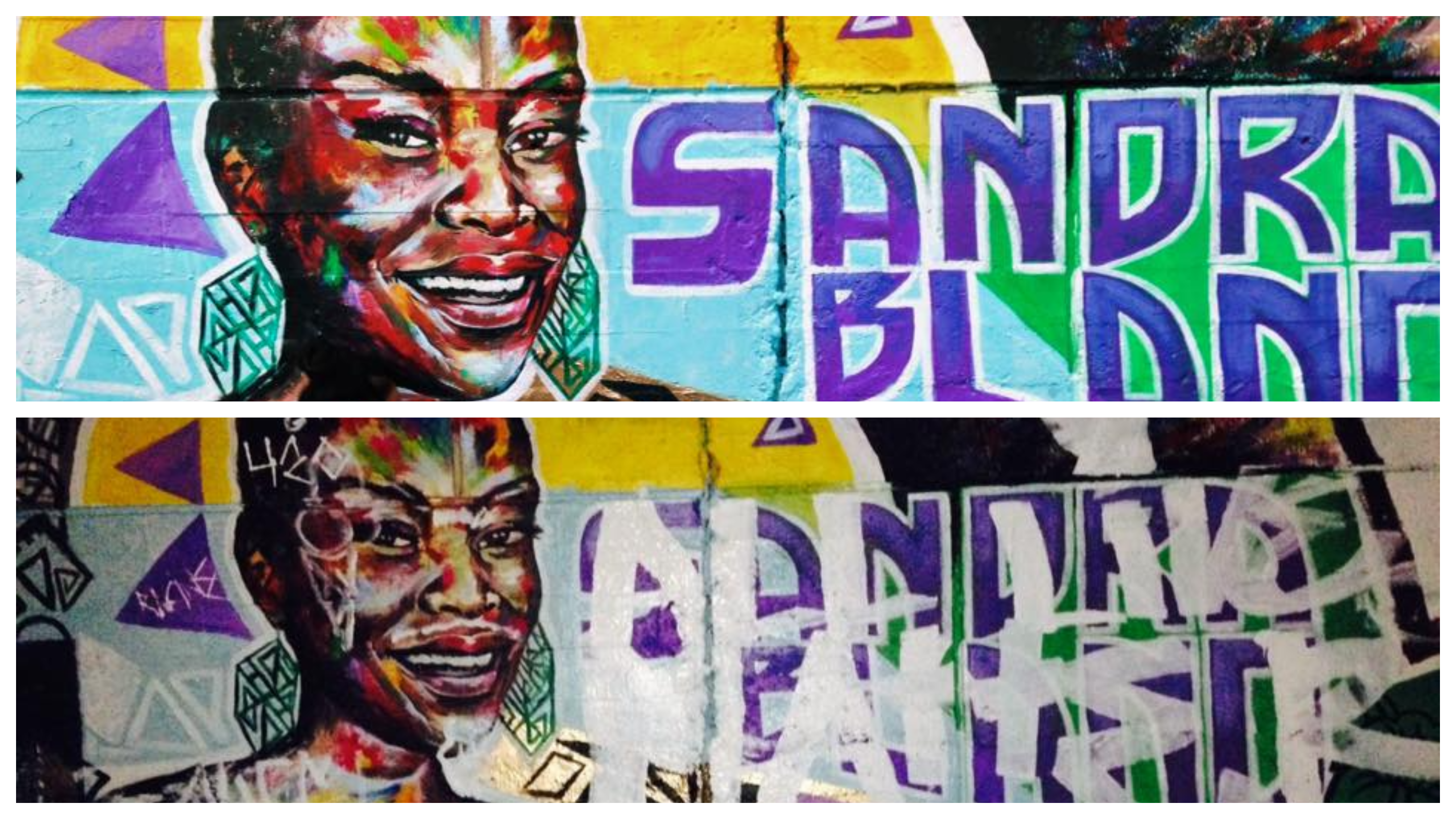 These two images show Assefa's mural of Sandra Bland before and after it was defaced. (Submitted by Kalkidan Assefa)