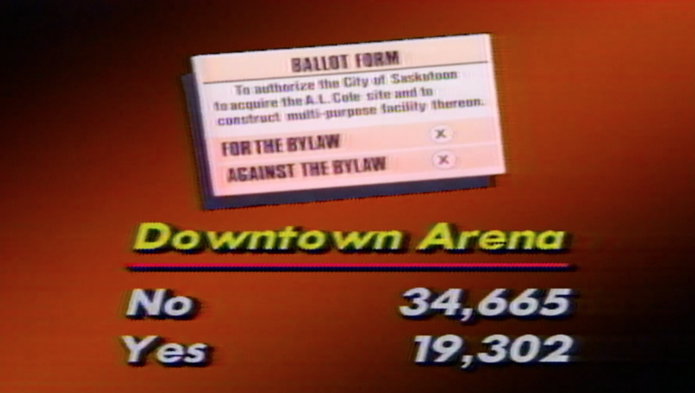 A CBC News television graphic showing the results of the vote. 