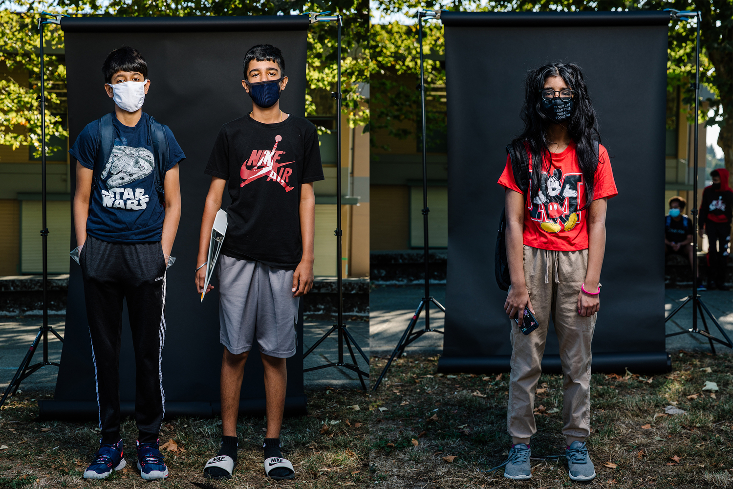 Grade 9 students at L.A. Matheson Secondary School on the first day of school in Surrey on Sept. 10, 2020. (Ben Nelms/CBC Vancouver)