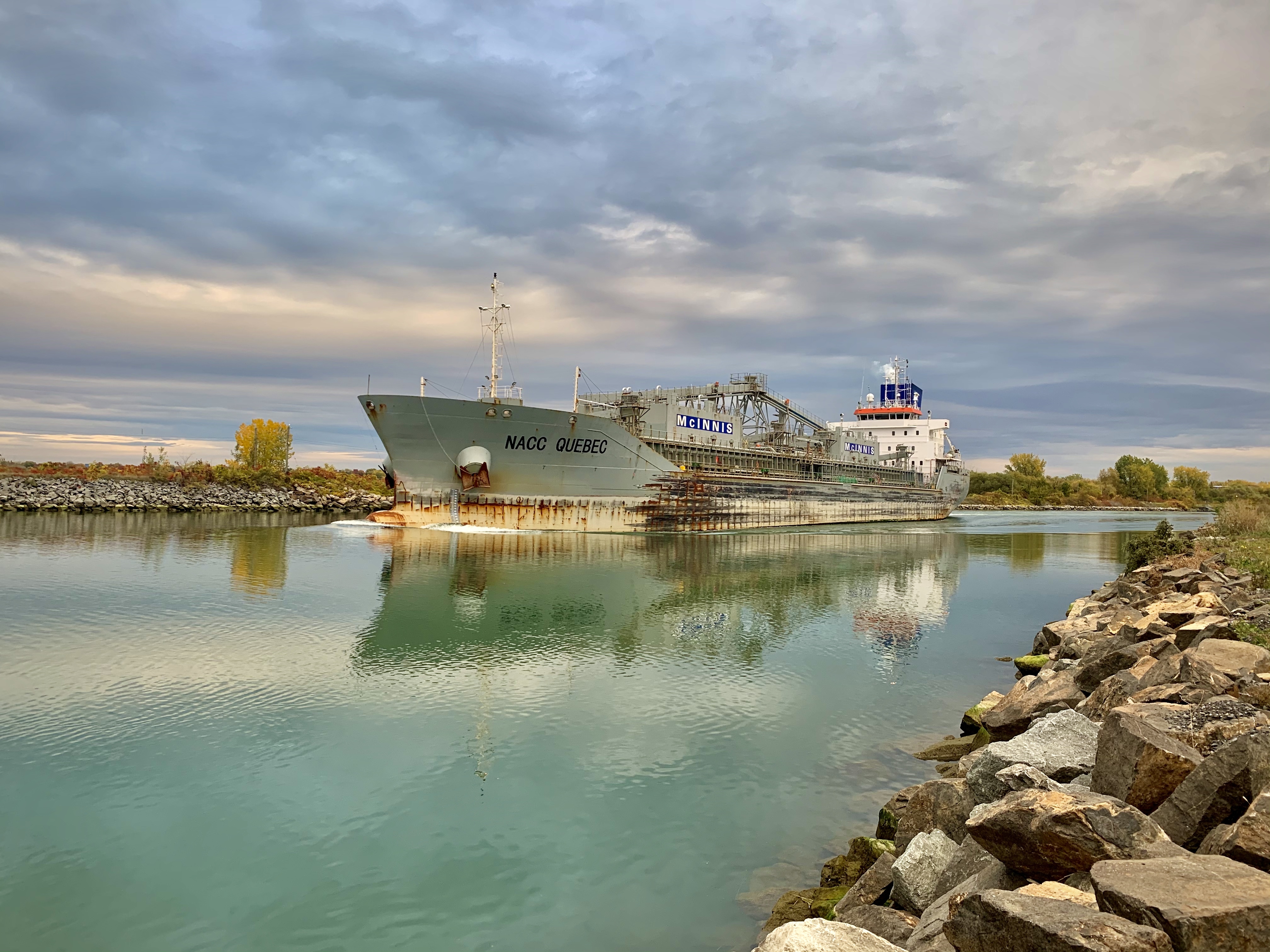 One of the many ships that pass through the seaway by Kahnawake every day. (Ka’nhehsí:io Deer/CBC)