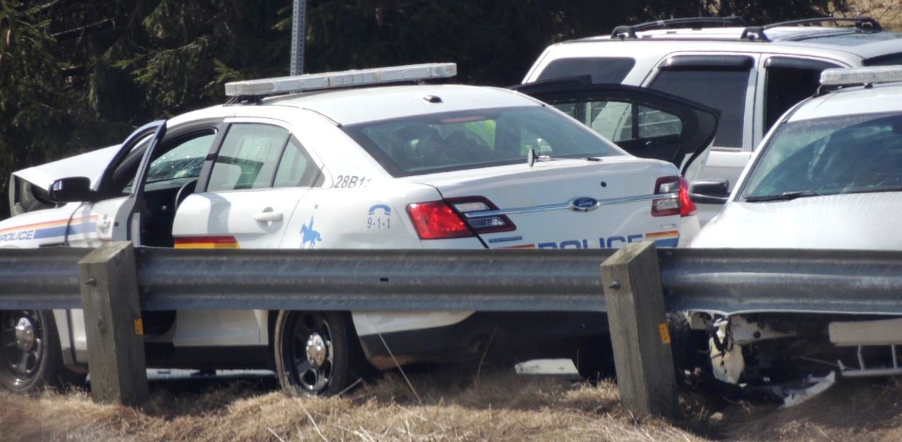 The gunman’s mock cruiser was finally stopped when he collided with Const. Heidi Stevenson. The silver SUV was driven by Joey Webber, who was killed by the gunman when he pulled over to help. (Submitted by Rob Pineo)