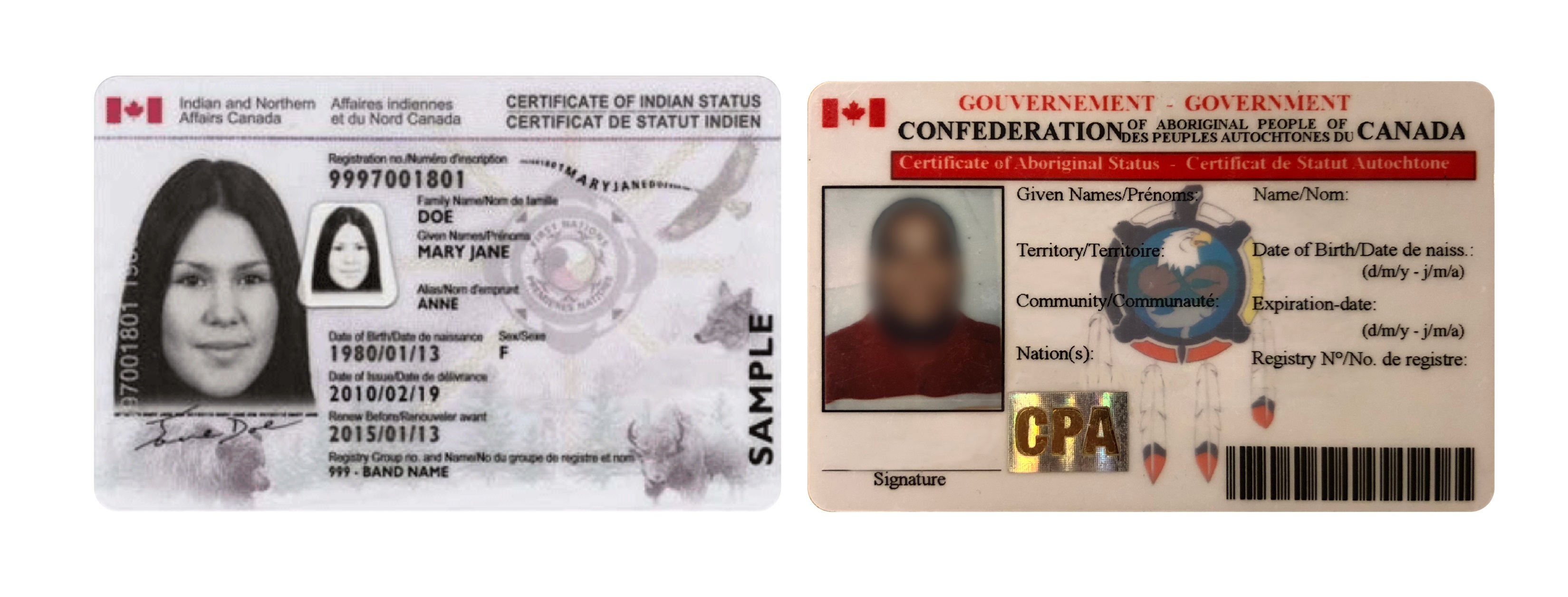 An Indian status card on the left; the CAPC card on the right. Some CAPC members have attempted to use their cards to obtain tax exemptions. (CBC)