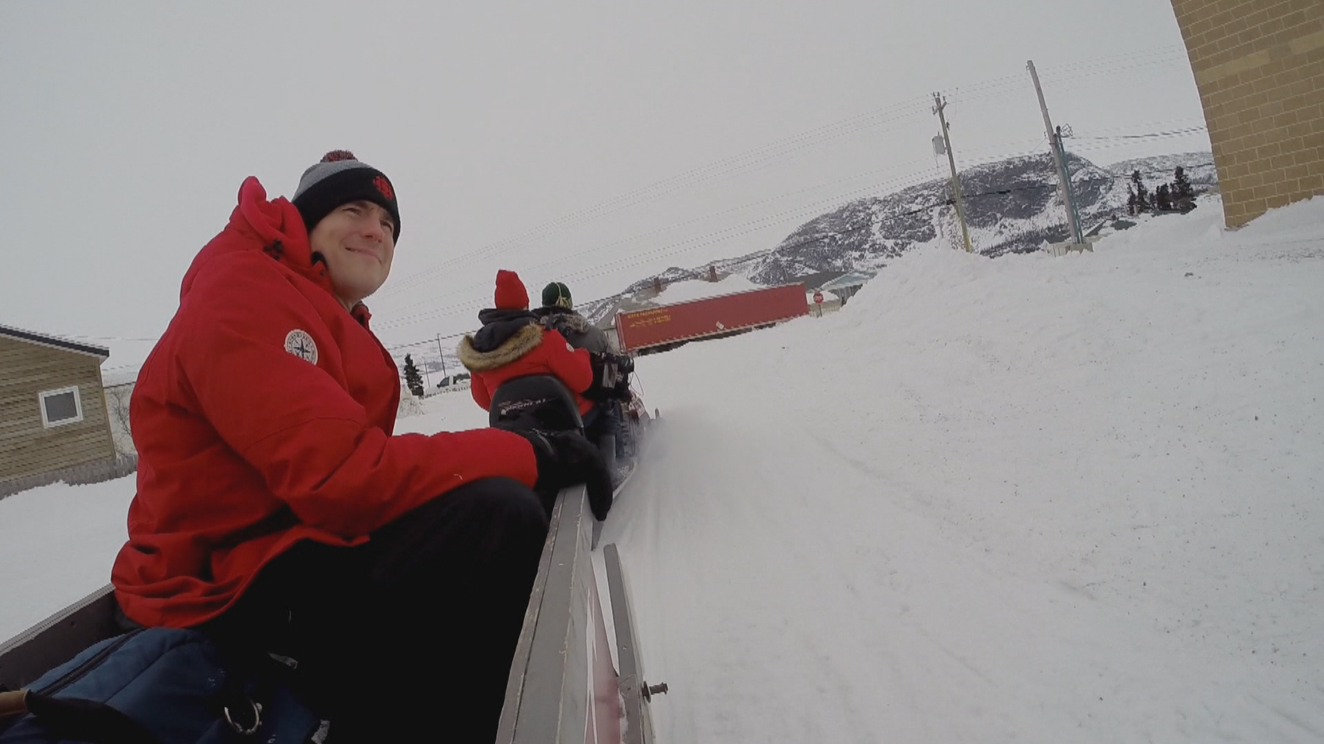 Ryan Snoddon and the rest of the CBC crew on the way back to the Nain airport. (Jen White/CBC)