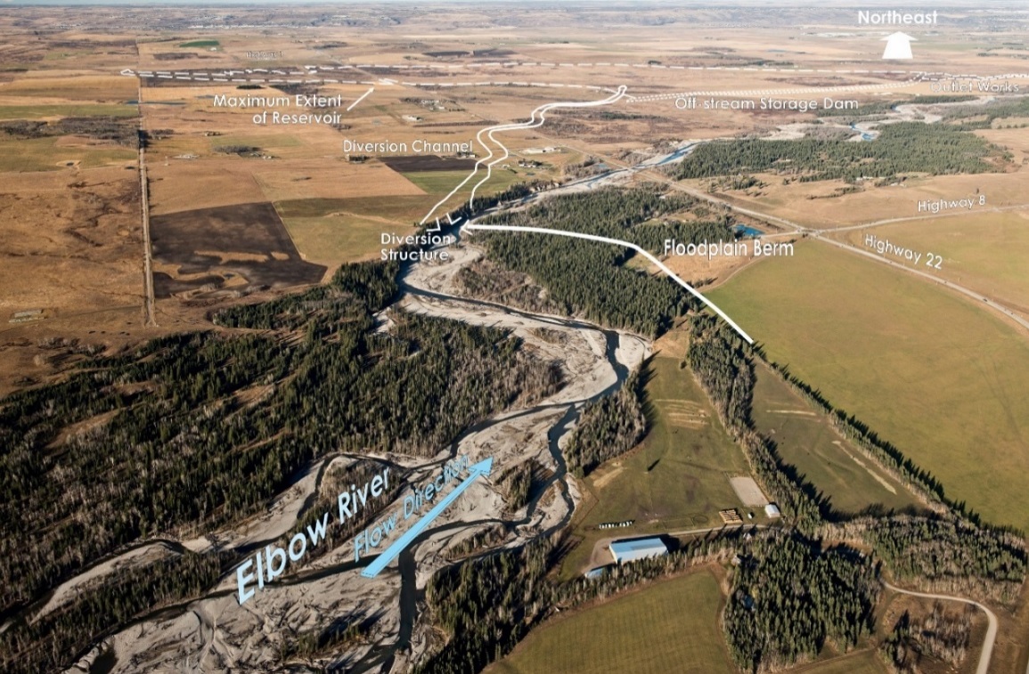 An annotated aerial photograph showing where the diversion structure would be built to allow water to flow from the Elbow River into the Springbank reservoir during periods of high flow. (Alberta Government)