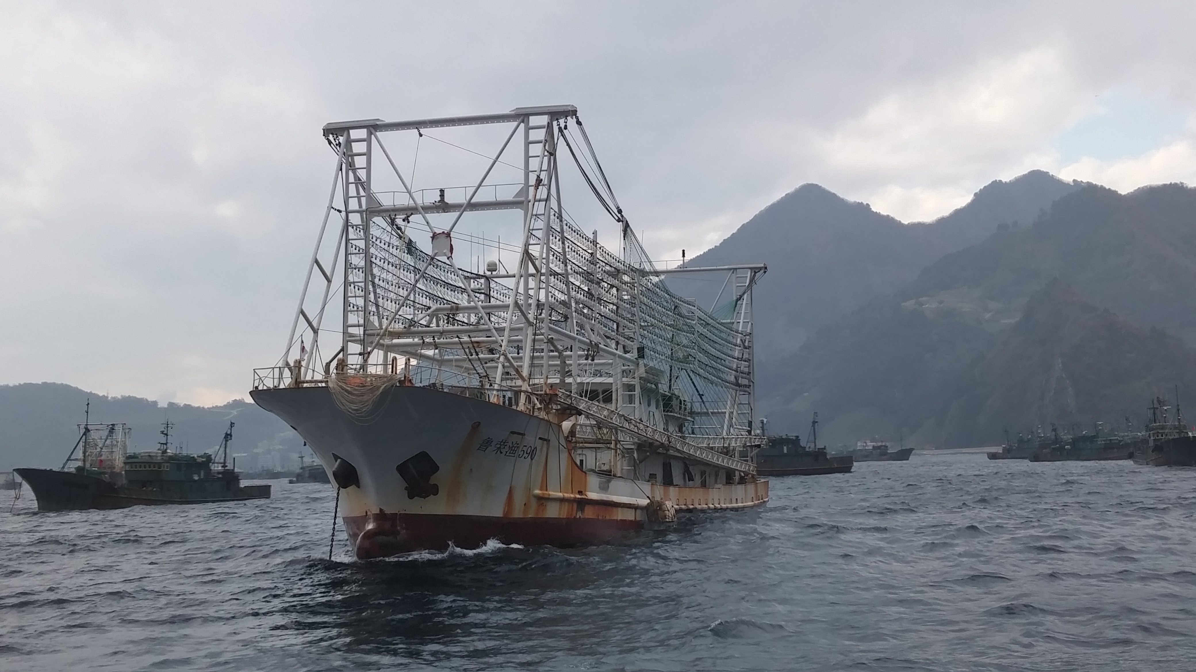 A Chinese squid ship sits in port off Ulleung Island in South Korean waters. South Korean Coast Guard authorities who have boarded ships on their way to North Korean fishing grounds have been shown fishing permits signed by North Korean authorities — in violation of UN sanctions. (South Korea Fisheries Agency/The Outlaw Ocean Project)