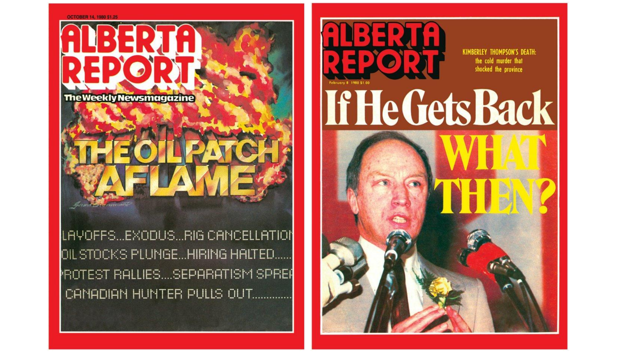 The Alberta Report frequently adorned its covers with dramatic headlines and explosive imagery while also adopting the red border most frequently associated with Time magazine. (Alberta Report)