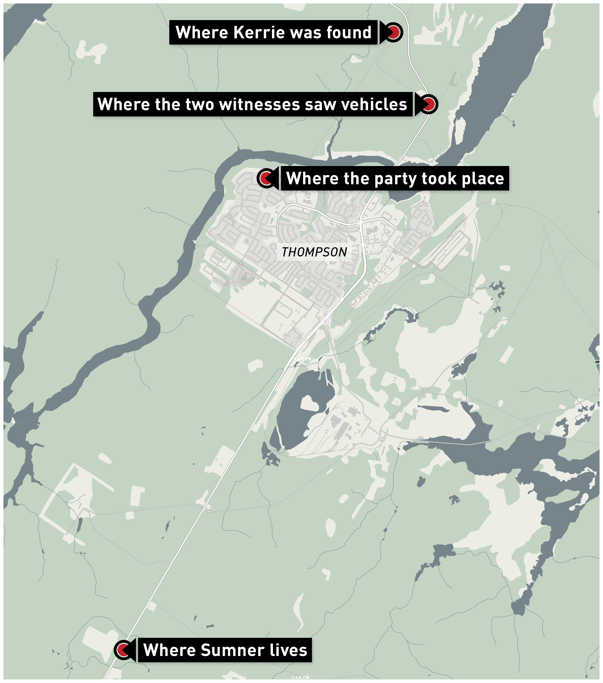 Kerrie's body was found near a horse stable road through the woods, not far from the house party where she was last seen. (CBC News Graphics)