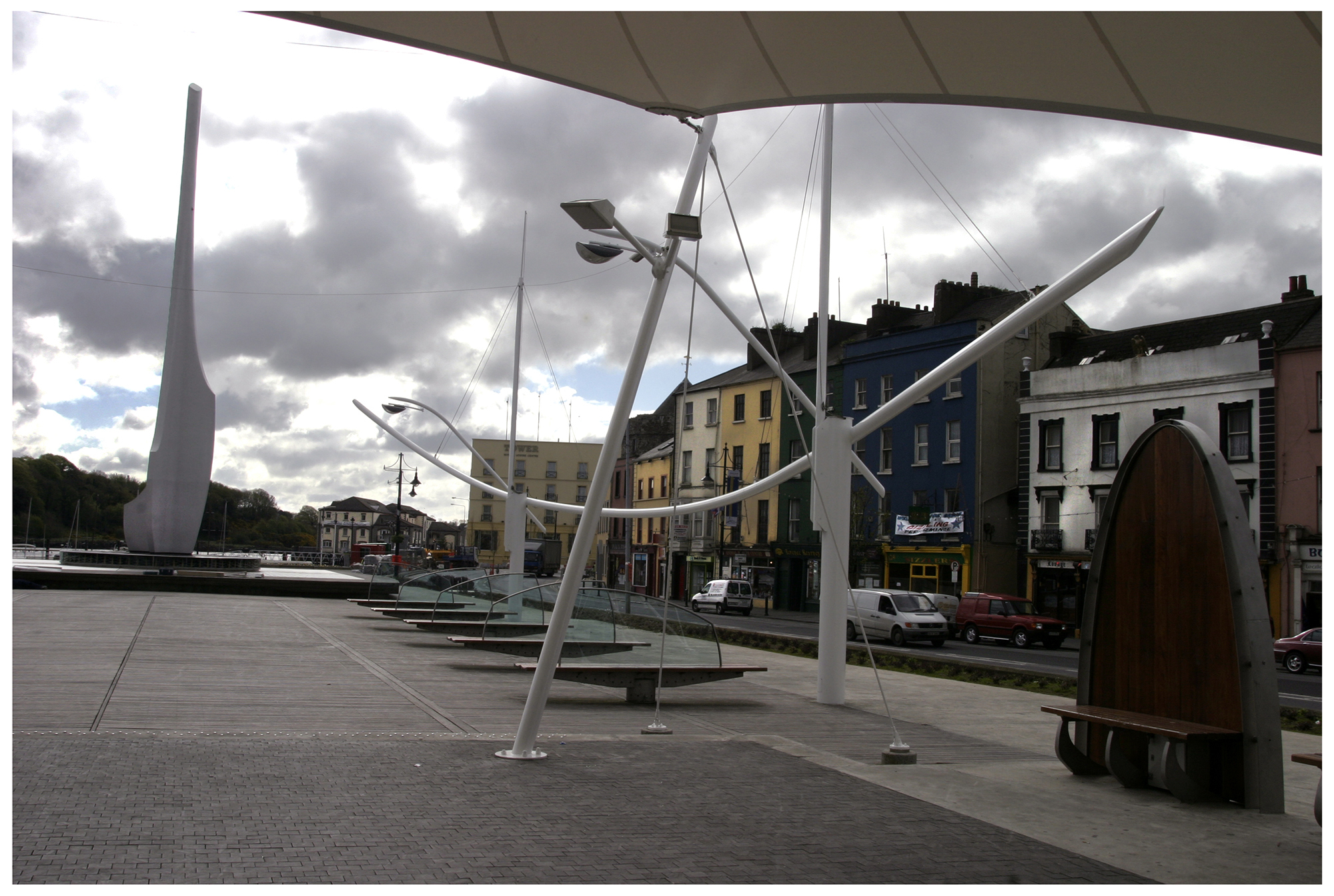 The sculpture of a sailing ship in the William Vincent Wallace Plaza in Waterford.