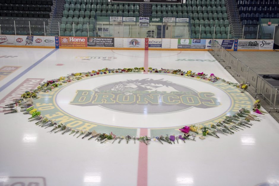 A ring of flowers surround centre ice at Elgar Petersen Arena in Humboldt.