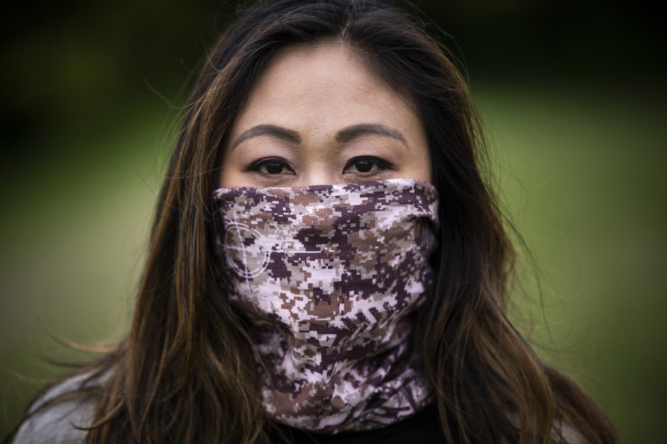 Filipina-Canadian Gina Galo wears the face mask she says deterred a white woman from her in line at a grocery store.