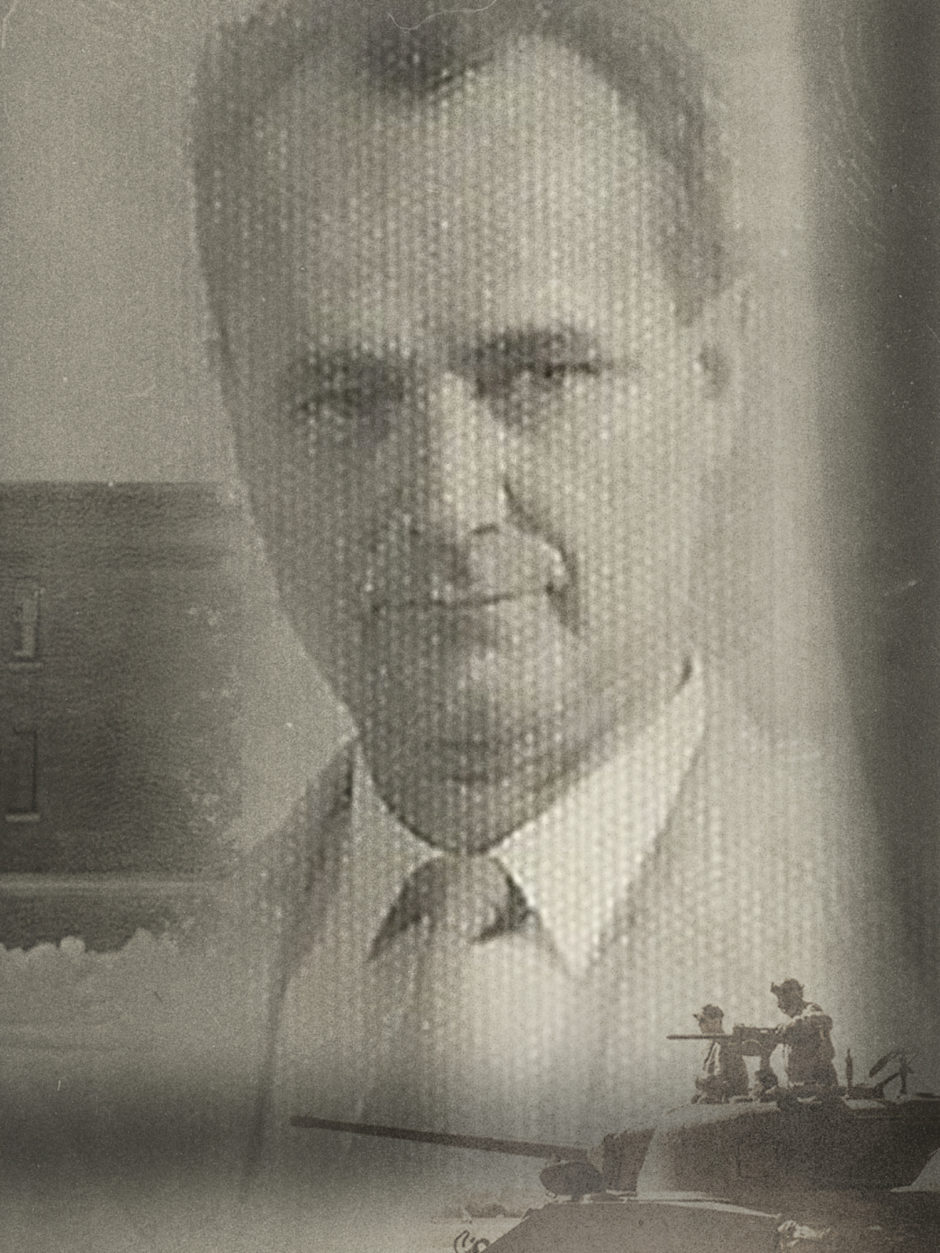 Frank Peters in a photo illustration with an archival image of Headingley jail and a silhouette of a tank.