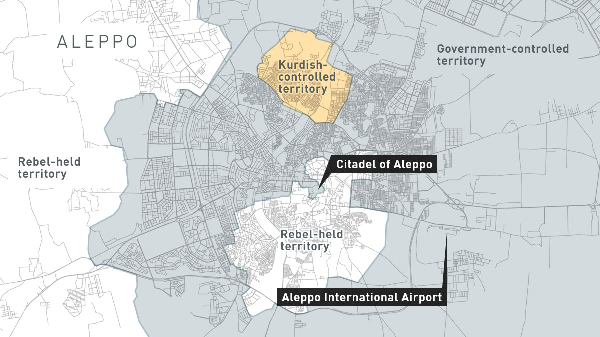 An overview of the battlefronts in Aleppo as of Dec. 5, 2016 shows pro-government forces closing in on rebel fighters. (Source: Liveuamap.com)