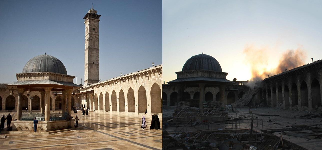 Aleppo's storied Umayyad Mosque was partially destroyed in April 2013. (Wikipedia/Lens of a Young Halabi)