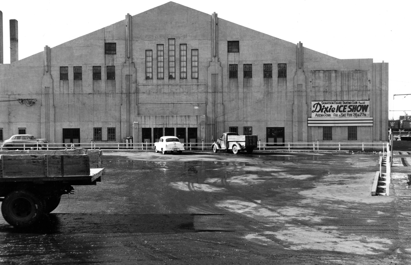 A billboard at Saskatoon Arena, seen here in 1955, advertises a "Dixie Ice Show." (Saskatoon Public Library Local History Room - Photo B-6173) 