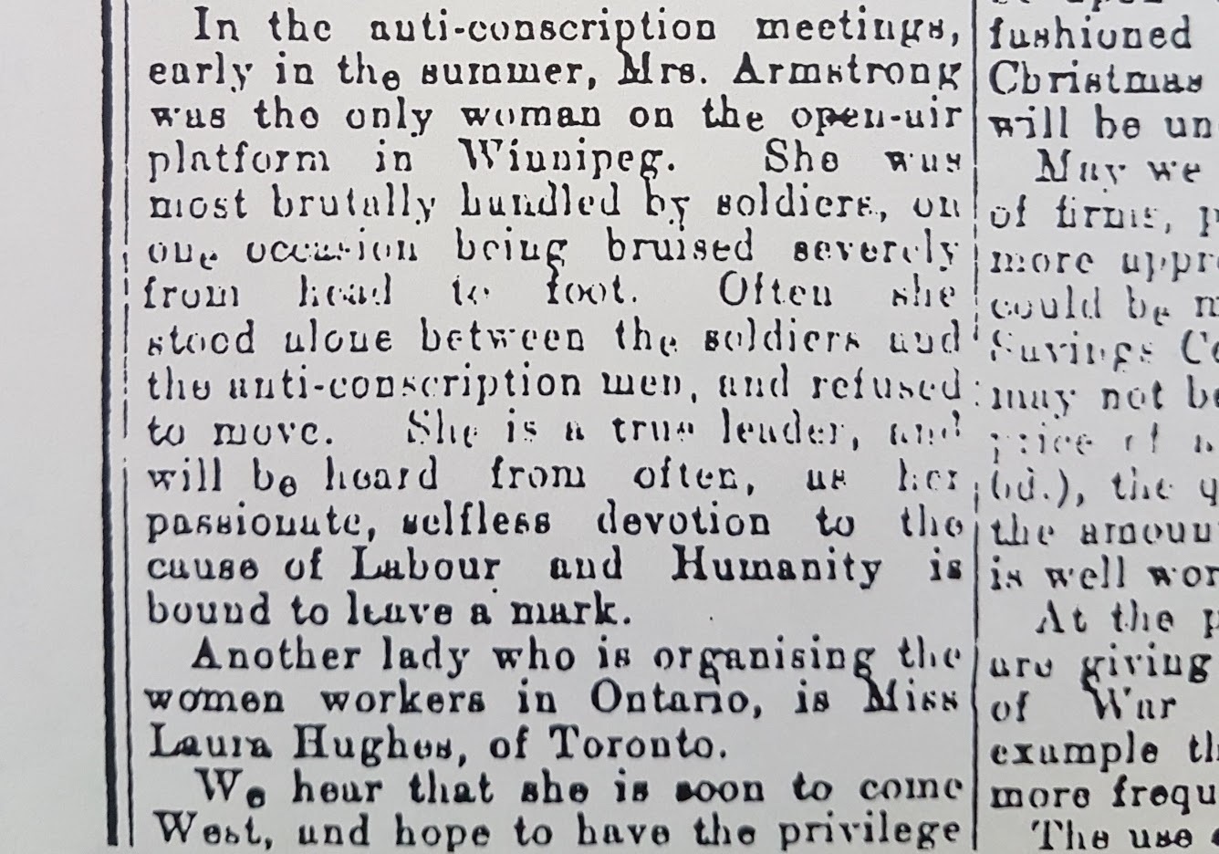 A clipping of an article by Gertrude Richardson about Helen Armstrong being roughed up as she stood between soldiers and men protesting conscription. (Helen Armstrong fonds/Archives of Manitoba)