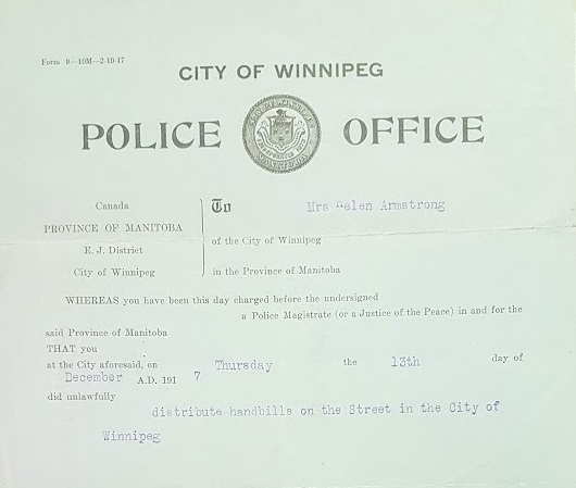 Armstrong was arrested in late 1917 for distributing handbills, one of the several times her name was typed onto a police report. (Helen Armstrong fonds/Archives of Manitoba)