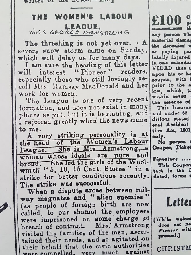 Article in the Leicester Pioneer hailing Armstrong's work in the labour movement. (Helen Armstrong fonds/Archives of Manitoba)