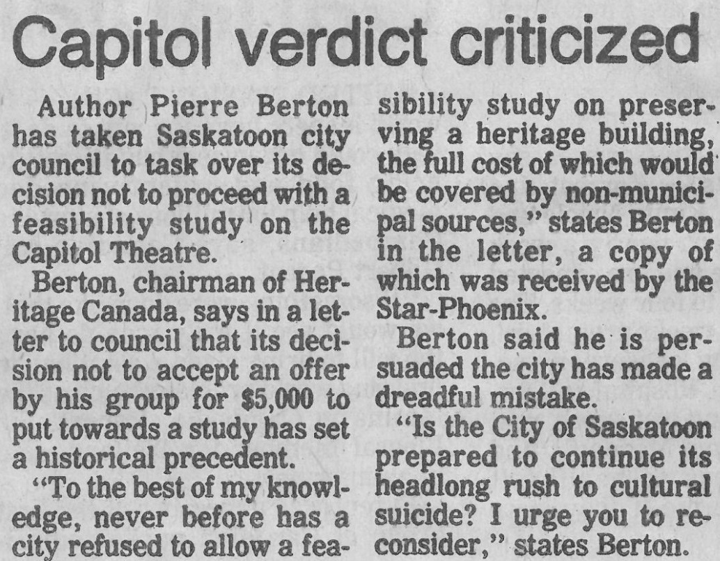 Many people wrote letters to the Saskatoon StarPhoenix, none more prominent than Canadian historian Pierre Berton. (Saskatoon Public Library Local History Room; copyright Saskatoon StarPhoenix) 