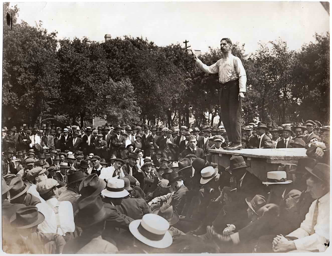 Roger E. Bray, a socialist who became a strike leader, speaks to a crowd at Victoria Park on June 13, 1919. (L.B. Foote collection/Archives of Manitoba)