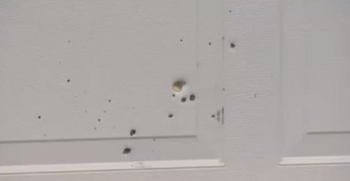 Bullet holes are seen embedded in the garage door of a home on Kenmount Terrace. (CBC)