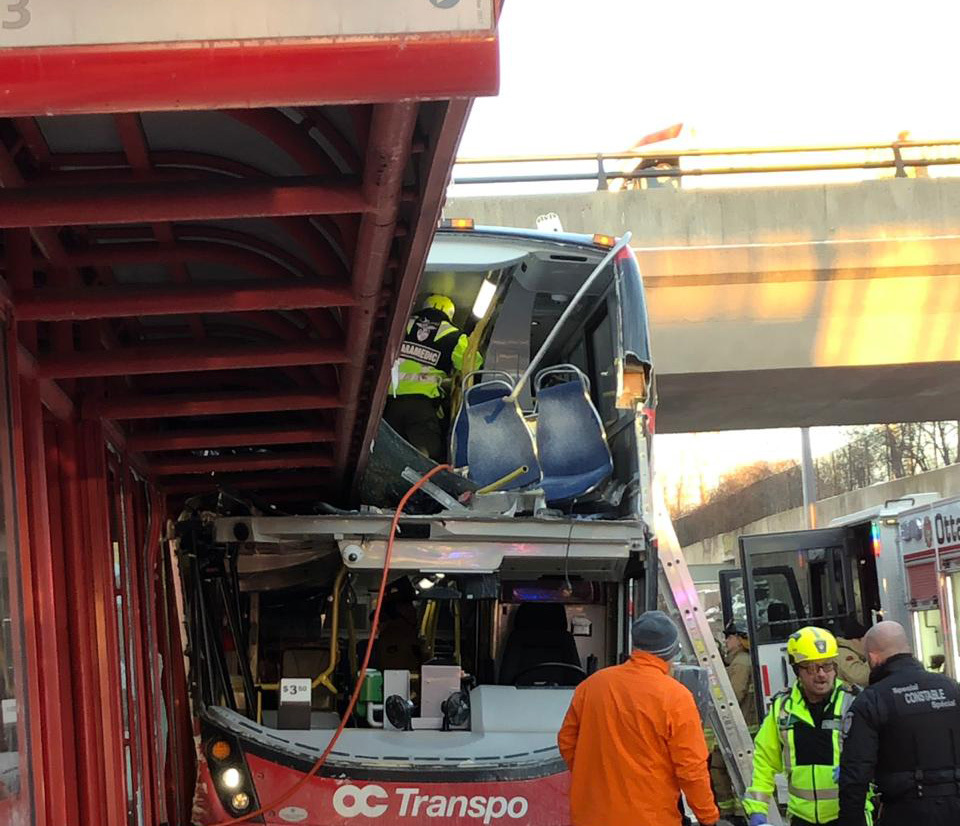 Three people died and several people were injured in a collision involving an OC Transpo double-decker bus at Ottawa's Westboro station on Jan. 11, 2019. (@karinawieser/Twitter)