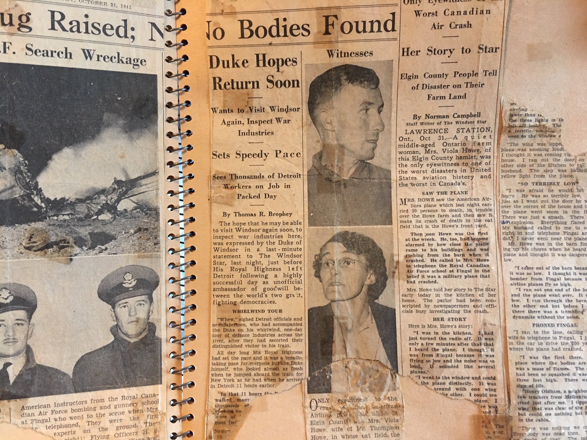 Viola Howe kept an extensive clippings file of newspaper coverage of the crash. She appears in the lower photo and her husband Thompson Howe is in the top photo. (Andrew Lupton/CBC)