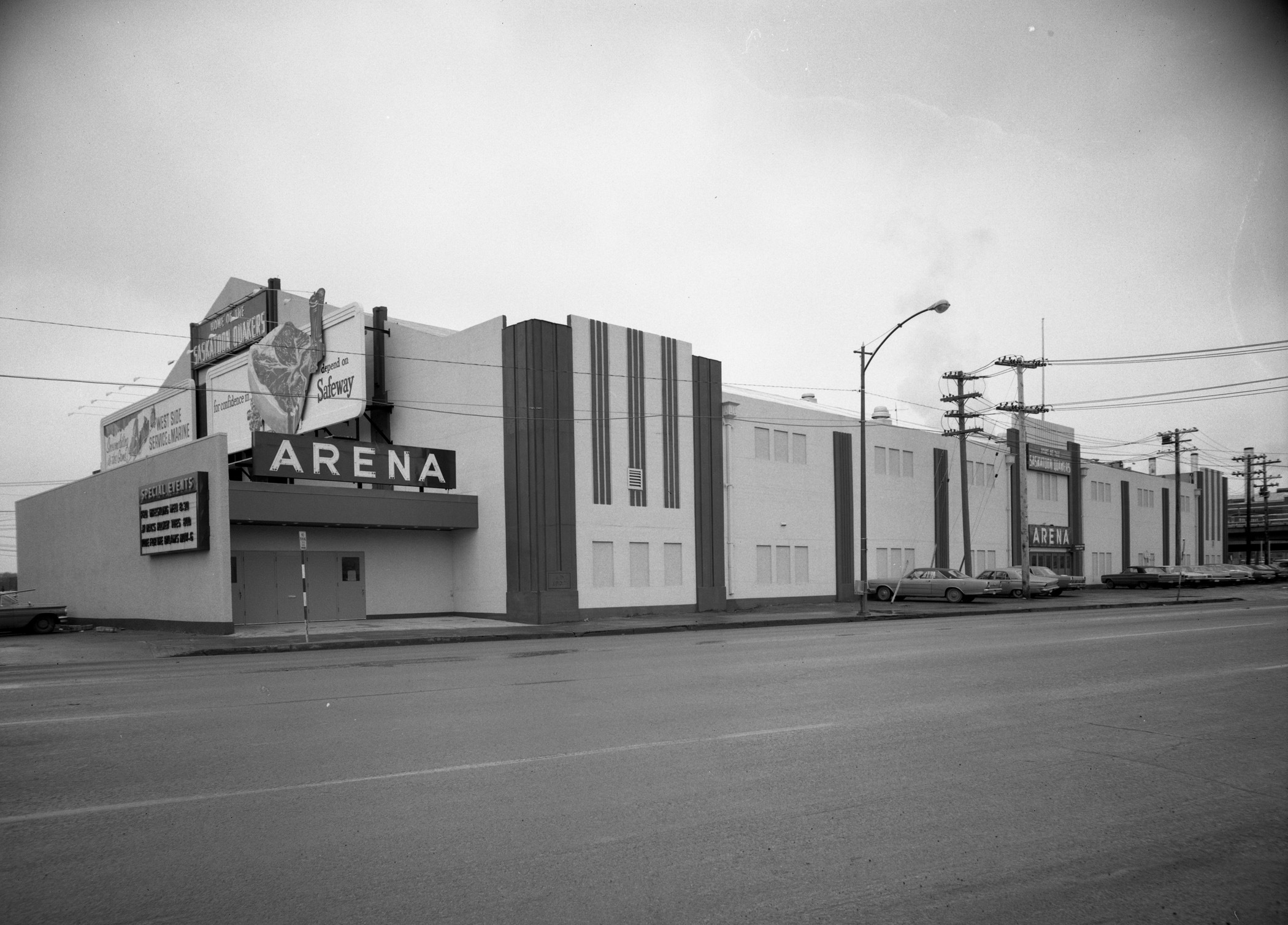 Saskatoon Arena, photographed in 1968, 20 years before its demolition. The arena was located at the corner of 19th Street and 1st Avenue. (Saskatoon Public Library Local History Room - Photo CP-5563) 