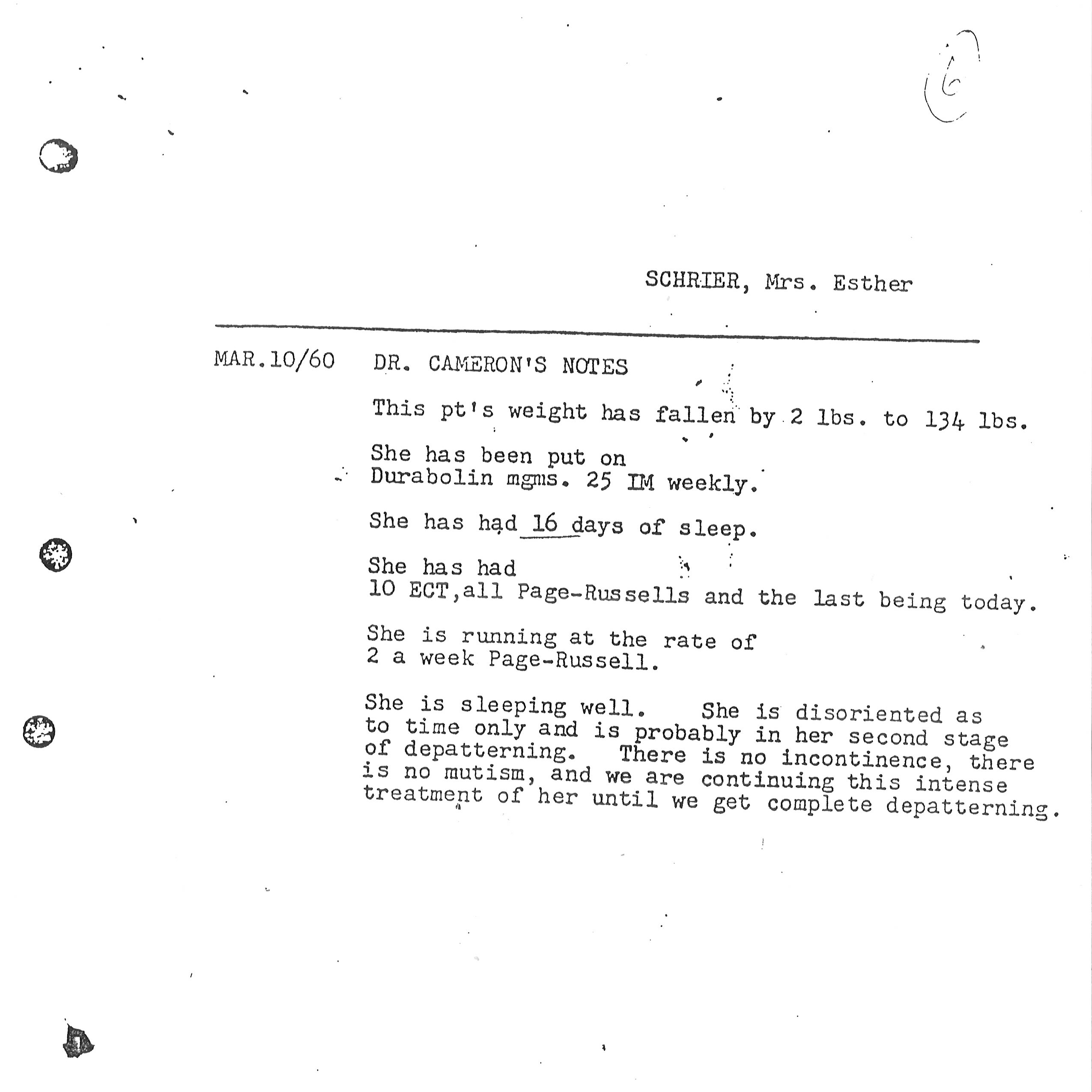 Medical notes show details of the treatment Esther Schrier received from Dr. Ewen Cameron in 1960. (Submitted by Lloyd Schrier)