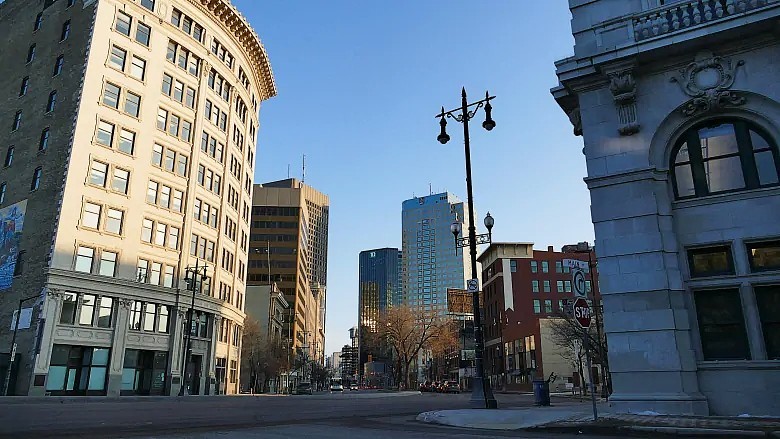 Winnipeg's Main Street is nearly empty on March 23, after life changed dramatically following the announcement of the first COVID-19 cases in the province. (Tyson Koschik/CBC)